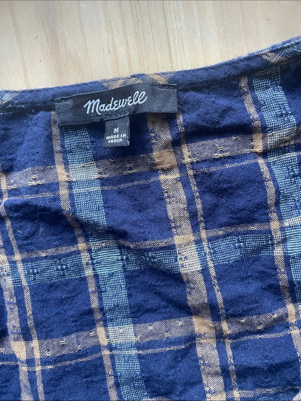 Madewell Navy and Tan Plaid Wrap Blouse with Puff Sleeves